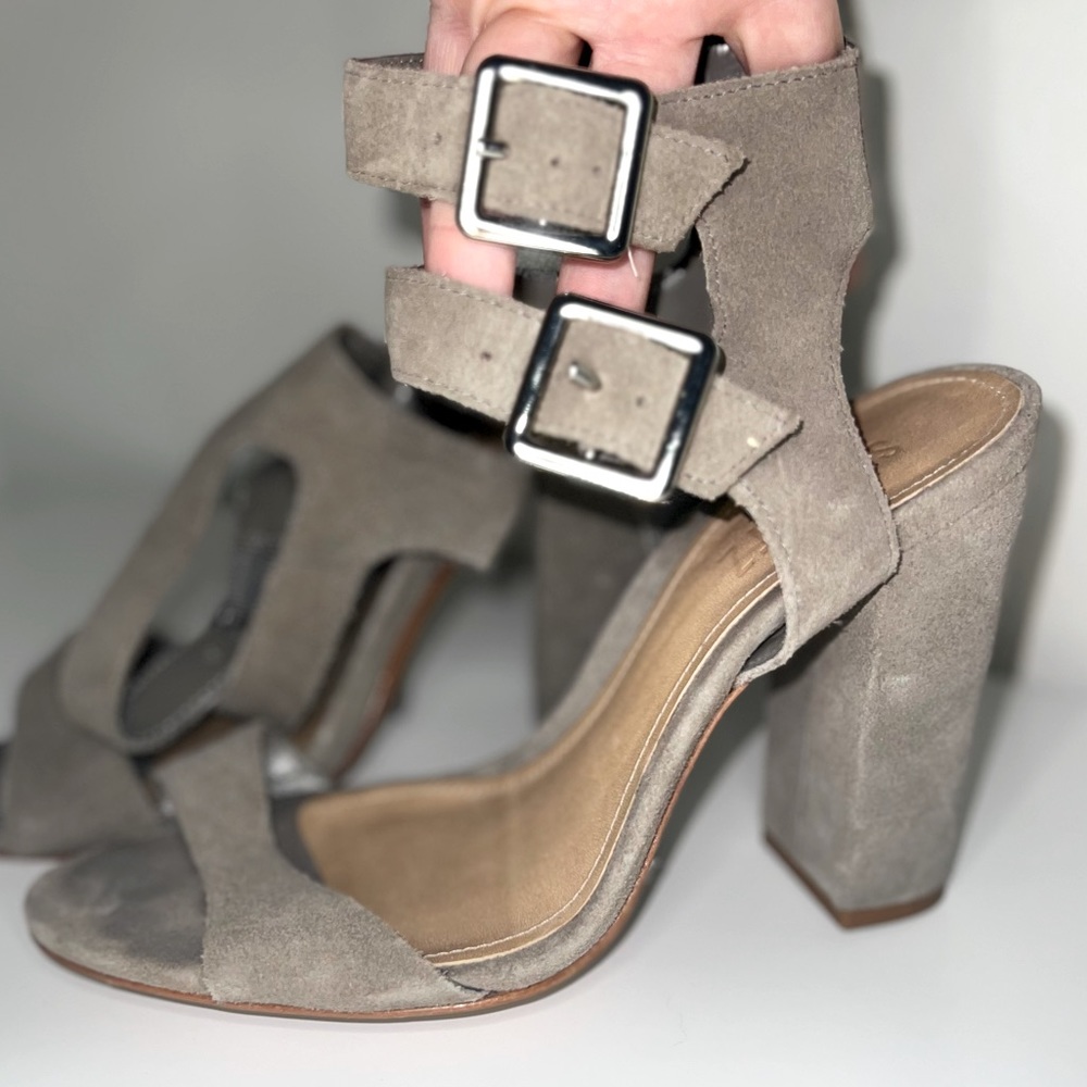 SCHUTZ Lightly Worn Suede Strappy Block Heels